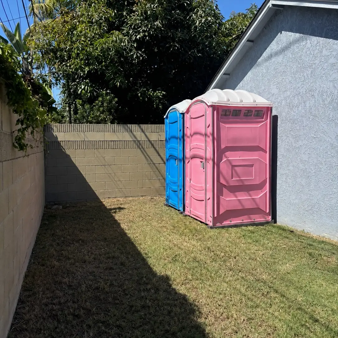 Blue and pink porta potties in a fenced backyard