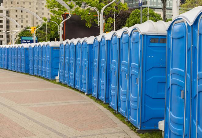 a row of portable restrooms at a fairground, offering visitors a clean and hassle-free experience in stpaul